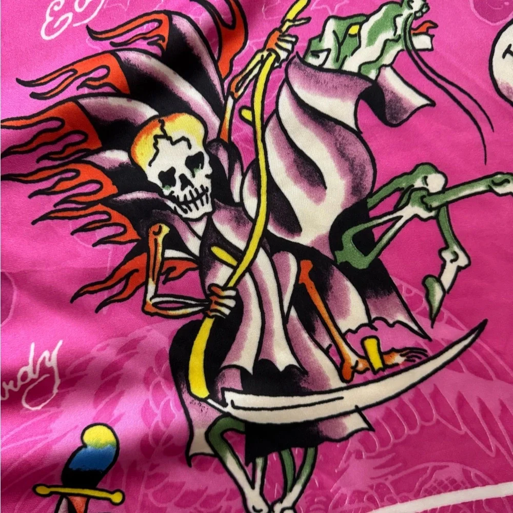 Ed Hardy Pink Skull Snake Tattoo Print Satin Scarf Wrap Y2K 43x43‎